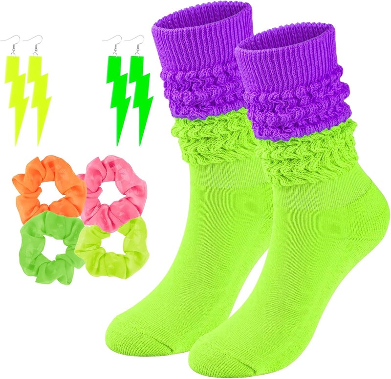 TRIITECH Store Neon Slouch Socks for Women, 80s 90s Scrunch Knee High Socks with Neon Earrings and Scrunchies for 80s 90s Party - Image 1